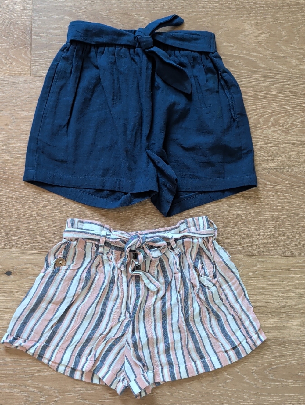Molly Bracken Navy Tie-Waist Kids Shorts & Striped Multi-Color Linen Blend Pair